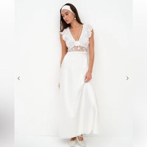 For Love And Lemons Carmen maxi dress white rosette dot print slip bridal NWT L